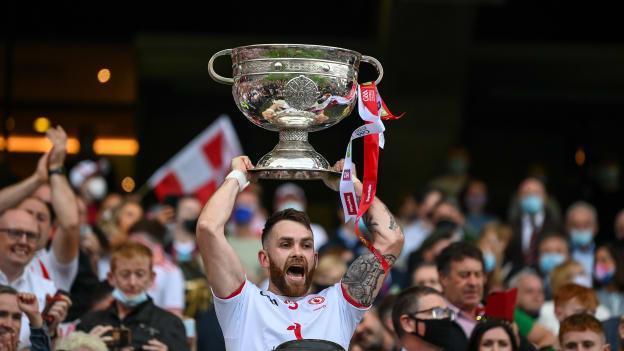 Ronan McNamee of Tyrone lifts the Sam Maguire Cup following the 2021 GAA Football All-Ireland Senior Championship Final match between Mayo and Tyrone at Croke Park in Dublin. Photo by Stephen McCarthy/Sportsfile.