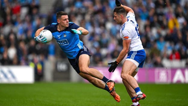 Brian Howard of Dublin is tackled by Dessie Ward of Monaghan during the GAA Football All-Ireland Senior Championship semi-final match between Dublin and Monaghan at Croke Park in Dublin. Photo by Brendan Moran/Sportsfile.