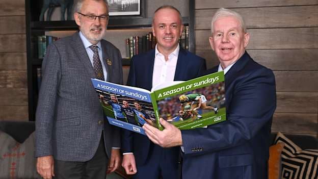 Uachtarán Chumann Lúthchleas Gael Larry McCarthy, left, Mazars Managing Partner Tom O’Brien, centre, and Photographer and Sportsfile founder Ray McManus during the launch of A Season of Sundays 2023 at The Croke Park Hotel in Dublin. Photo by Piaras Ó Mídheach/Sportsfile.