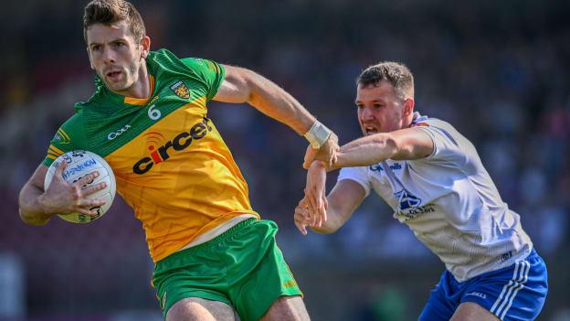 Eoghan Ban Gallagher, Donegal, and Ryan Wylie, Monaghan, in All-Ireland SFC action. Photo by Ramsey Cardy/Sportsfile