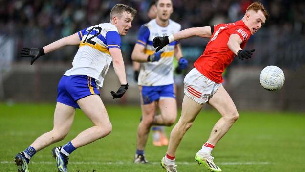 Seanie O’Donnell, Trilick and Mark Kavanagh, Errigal Ciaran, in Tyrone SFC Final action. Photo by Oliver McVeigh/Sportsfile