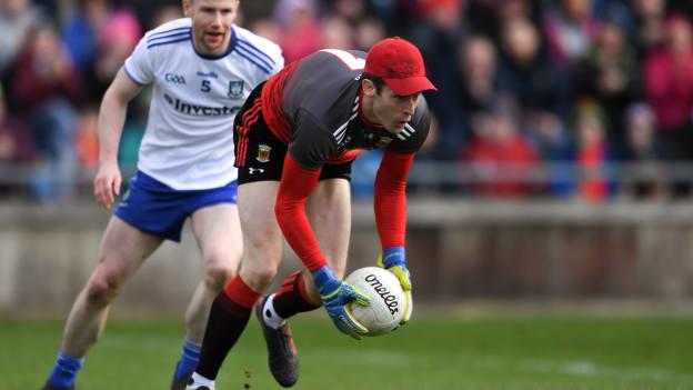 David Clarke, Mayo, and Karl O'Connell, Monaghan, in Allianz Football League action at Elverys MacHale Park.