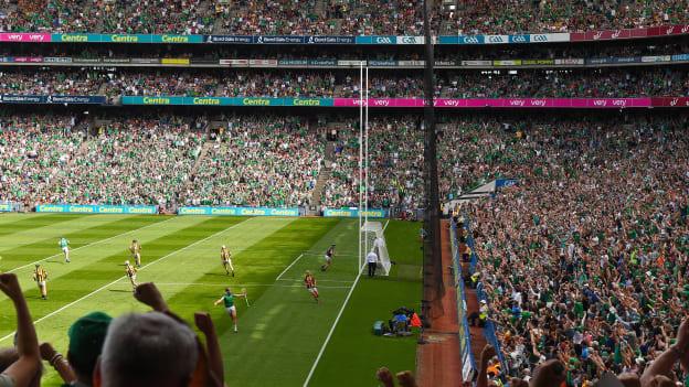 Gearóid Hegarty of Limerick celebrates after scoring his side's first goal during the GAA Hurling All-Ireland Senior Championship Final match between Kilkenny and Limerick at Croke Park in Dublin. 