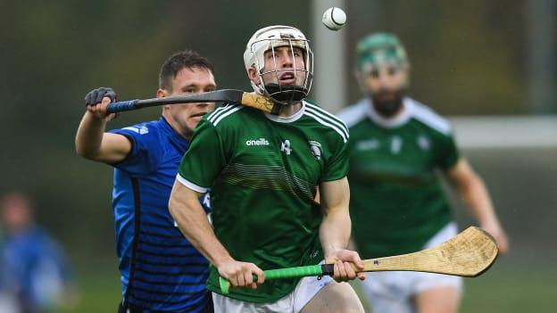 Shane McGovern of Ireland in action against Daniel Grieve of Scotland during the Senior Hurling Shinty International 2019 match between Ireland and Scotland at the GAA National Games Development Centre in Abbotstown, Dublin. Photo by Piaras Ó Mídheach/Sportsfile.