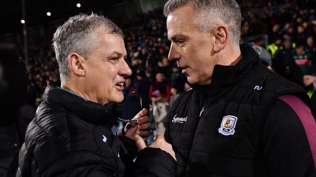Kevin McStay and Pádraic Joyce following Mayo and Galway's draw on the opening weekend of the 2023 Allianz Football League. Photo by Piaras Ó Mídheach/Sportsfile