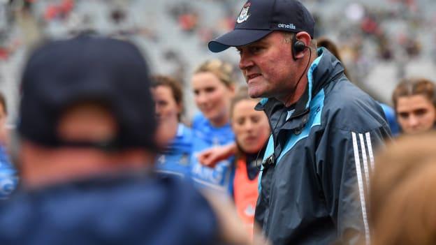 Dublin manager Mick Bohan talks to his players after their victory over Mayo in their TG4 Ladies Football All-Ireland Championship semi-final match at Croke Park in Dublin.