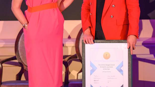 Jacqui Hurley is interviewed by MC Gráinne McElwain after accepting the The Jimmy Magee Award for Sport Journalist of the Year during the Irish Sport Industry Awards 2022.