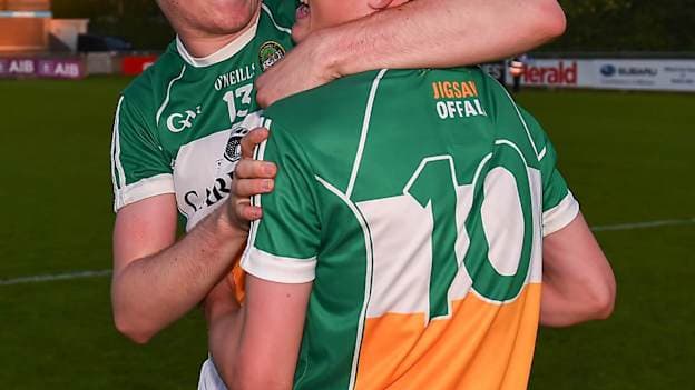 Offaly's John Murphy, left, celebrates with team-mate Brian Duignan following their dramatic victory over Dublin in the Bord Gais Energy Leinster GAA Hurling U20 Championship quarter-final.