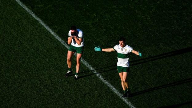 Tipperary footballers Philip Austin (right) and Colin O'Riordan react to the final whistle in the Munster SFC Final against Cork. 
