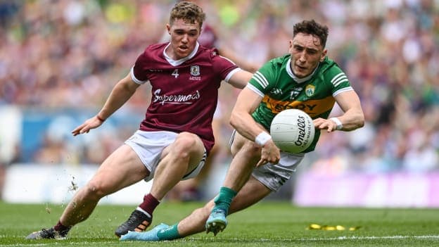 Paudie Clifford of Kerry in action against Jack Glynn of Galway during the 2022 GAA Football All-Ireland Senior Championship Final match between Kerry and Galway at Croke Park in Dublin.