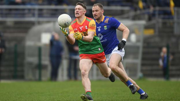 Seánie Bambrick, Carlow, and Dean Healy, Wicklow, in Leinster SFC action at Echelon Park, Aughrim. Photo by Daire Brennan/Sportsfile