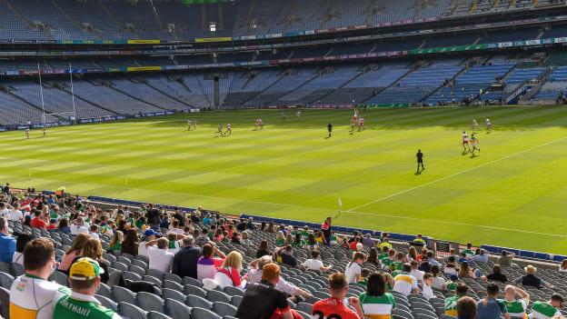 Supporters look on from the Cusack Stand during the Allianz Football League Division 3 Final match between Derry and Offaly at Croke Park in Dublin. 