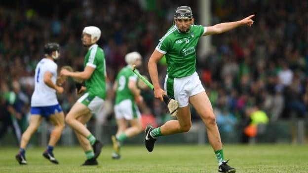 Gearoid Hegarty of Limerick after scoring his side's first goal during the 2019 Munster GAA Hurling Senior Championship Round 4 match between Limerick and Waterford at the Gaelic Grounds in Limerick. 