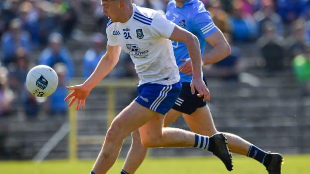 Seán Jones, Monaghan, and Michael Fitzsimons, Dublin, in Allianz Football League action.
