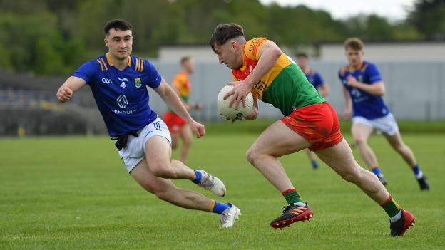 Conor Crowley, Carlow, and Malachy Stone, Wicklow, in Tailteann Cup action at Echelon Park. Photo by Tyler Miller/Sportsfile