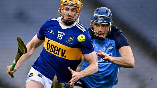 Mark Kehoe, Tipperary, and Eoghan O'Donnell, Dublin, in Allianz Hurling League action at Croke Park. Photo by Piaras Ó Mídheach/Sportsfile