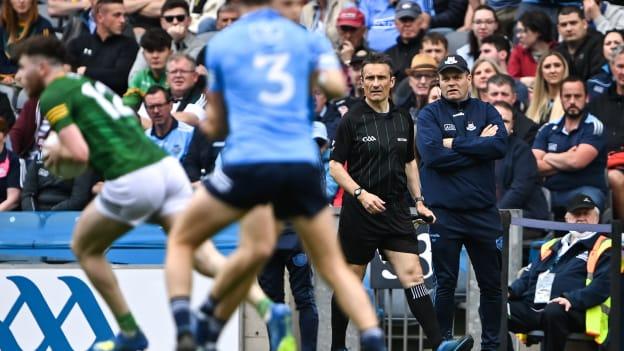 Dublin manager Dessie Farrell and linesman Maurice Deegan during the Leinster GAA Football Senior Championship Semi-Final match between Dublin and Meath at Croke Park in Dublin.