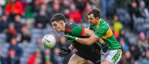 Ruaidhrí Fallon, St Brigid's, and Michael Warnock, Glen, in action at Croke Park.  Photo by Ramsey Cardy/Sportsfile