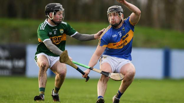 Dan McCormack, Tipperary, and Shane Conway, Kerry, during the Co-op Superstores Munster Hurling League clash at MacDonagh Park, Nenagh.