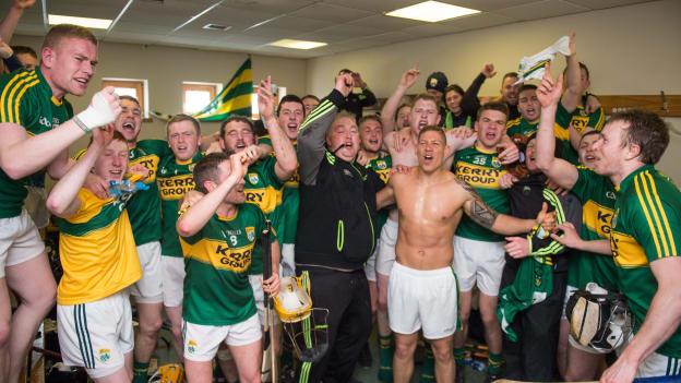 The Kerry players celebrate in the dressing room after defeating Antrim in the 2015 Allianz Hurling League Division 1B Promotion / Relegation play-off.
