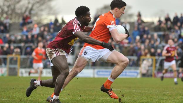 Rory Grugan of Armagh in action against Boidu Sayeh of Westmeath during their Allianz Football League Division 3 Round 2 match at TEG Cusack Park, Mullingar