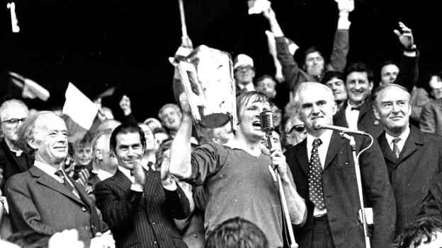 Limerick captain Éamonn Grimes lifts the Liam MacCarthy cup for Limerick in 1973. Also in the picture is President Erskine Childers, far left, and Taoiseach Liam Cosgrave, far right. 