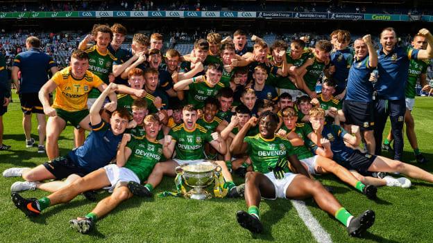 Meath players and staff celebrate with the cup after the Electric Ireland GAA Football All-Ireland Minor Championship Final match between Meath and Tyrone at Croke Park in Dublin. 
