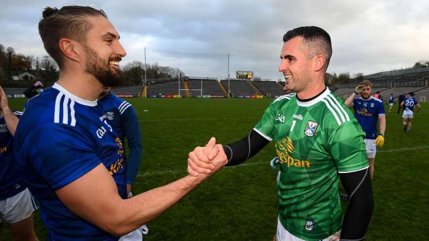 Raymond Galligan, right, and Killian Clarke of Cavan celebrate following the Ulster GAA Football Senior Championship Preliminary Round match between Monaghan and Cavan at St Tiernach’s Park in Clones, Monaghan. 