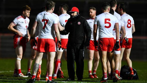 Mickey Harte addresses the Tyrone players before the throw-in against Dublin.