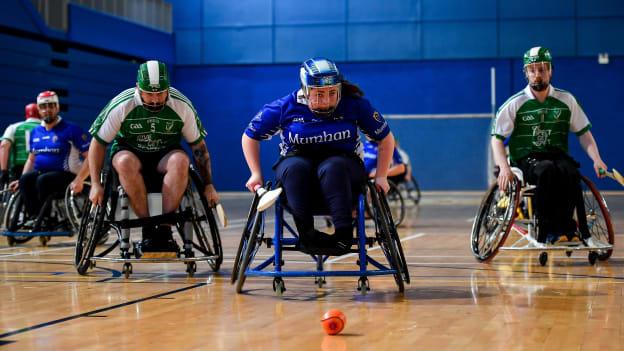 Ellie Sheehy of Munster in action against Leinster during the 2019 M.Donnelly GAA Wheelchair Hurling All-Ireland Finals at National Indoor Arena in Abbotstown, Dublin.