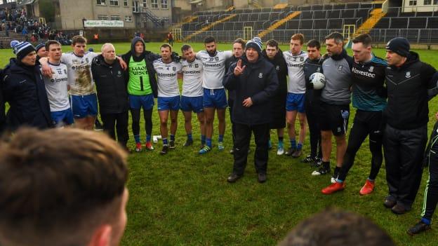 Monaghan manager Malachy O'Rourke speaks to his players after their victory over reigning champions Dublin in Division 1 of the Allianz Football League. 