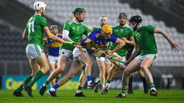 Séamus Callanan of Tipperary in action against Limerick players, left to right, Kyle Hayes, William O’Donoghue, Darragh O’Donovan, and Declan Hannon during the Munster GAA Hurling Senior Championship Semi-Final match between Tipperary and Limerick at Páirc Uí Chaoimh in Cork. 
