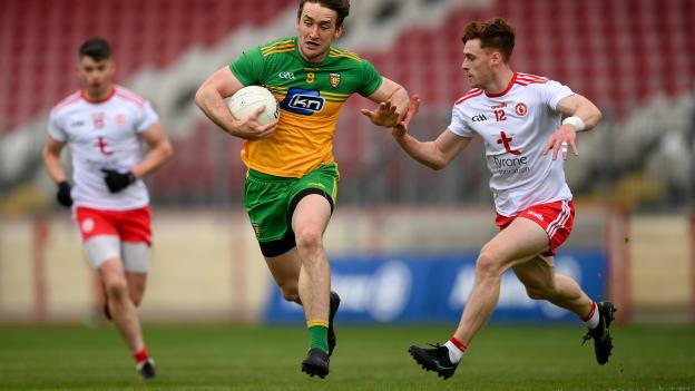 Hugh McFadden of Donegal and Conor Meyler of Tyrone during the Allianz Football League Division 1 North Round 1 match between Tyrone and Donegal at Healy Park in Omagh, Tyrone.