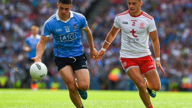 Tyrone's Michael McKernan closes in on Dublin's Brian Howard during the 2018 All-Ireland SFC Final. 