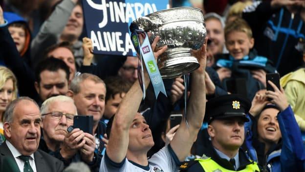 Dublin captain Stephen Cluxton lifts the Delaney cup after the 2019 Leinster GAA Football Senior Championship Final match between Dublin and Meath at Croke Park in Dublin. 