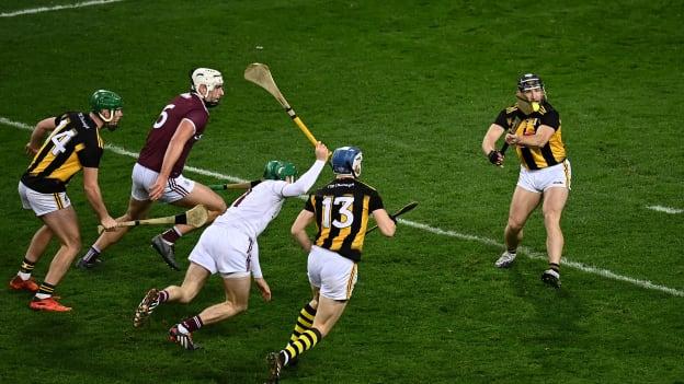 Richie Hogan of Kilkenny shoots to score his side's first goal with a sublime piece of skill during the Leinster GAA Hurling Senior Championship Final match between Kilkenny and Galway at Croke Park in Dublin. 