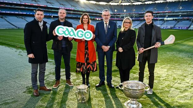Uachtarán Chumann Lúthchleas Gael Larry McCarthy, centre, with, from from left, former Kerry footballer Marc O'Sé, former Donegal footballer Michael Murphy, GAAGO presenter Grainne McIlwaine, RTÉ director general Dee Forbes, and former Limerick hurler Seamus Hickey at the media launch of the GAAGO 2023 GAA Championship broadcast schedule.