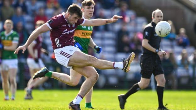 Paul Conroy, Galway, and Ruairí Murphy, Kerry, in Allianz Football League action at Pearse Stadium. Photo by Brendan Moran/Sportsfile