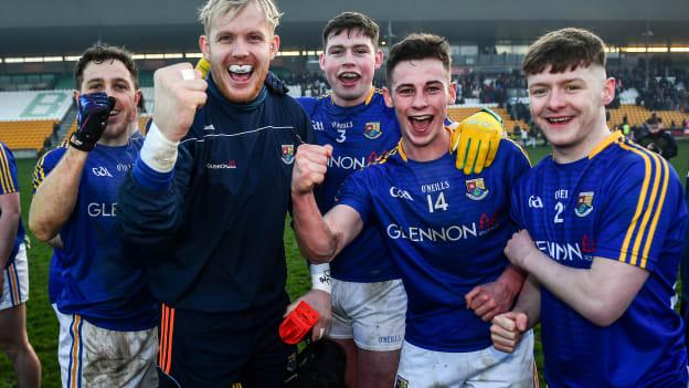 Longford players, including Paddy Collum, Andrew Farrell and Joseph Hagan celebrate following the 2020 O'Byrne Cup Final between Offaly and Longford at Bord na Mona O'Connor Park in Tullamore, Offaly. 