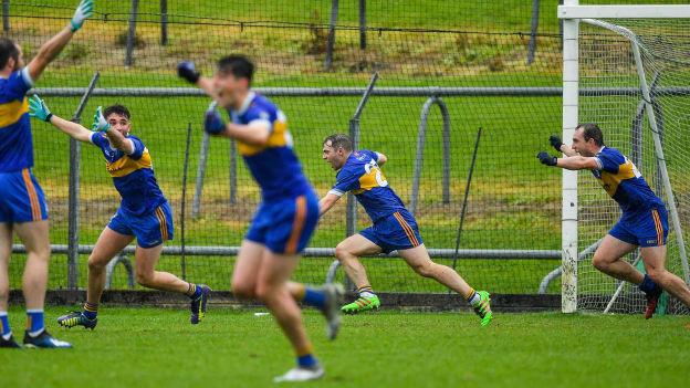 Joey Wallace of Ratoath, fourth from left, and his team-mates, celebrate their side's winning goal in the last minute of the Meath County Senior Football Championship Final match between Ratoath and Gaeil Colmcille at Páirc Táilteann in Navan, Meath. 