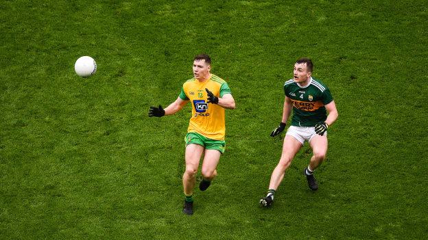 Jamie Brennan, Donegal, and Tom O'Sullivan, Kerry, during a 2019 All Ireland Quarter-Final Group Phase encounter at Croke Park.
