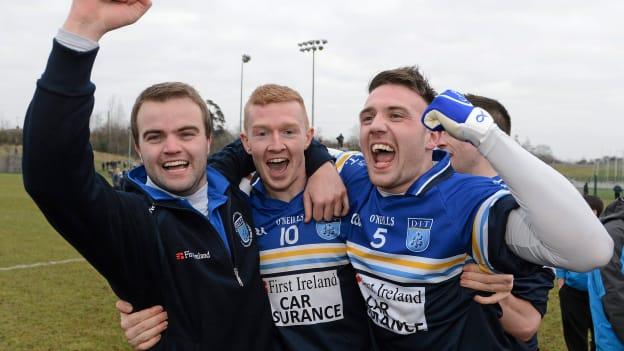 Billy O'Loughlin celebrating DIT's Sigerson Cup success in 2012 with Ciaran Reddin and Alan Nestor.