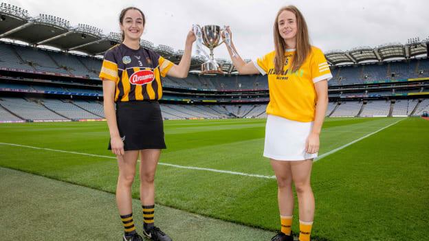 Kilkennys Róisín Phelan (right) and Antrim's Lucia McNaughton pictured with the Jack McGrath Cup ahead of the 2021 All-Ireland Intermediate Camogie Final. 