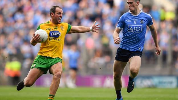 Michael Murphy, Donegal, and Brian Fenton, Dublin, in 2018 All Ireland SFC Quarter-Final Group Phase action at Croke Park.