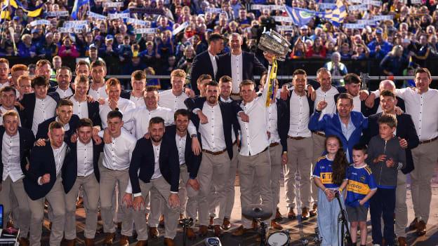 The Tipperary players celebrate with the Liam MacCarthy Cup at Monday night's homecoming in Semple Stadium. 