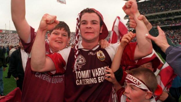 John Divilly celebrates with supporters after Galway's victory over Kildare in the 1998 All-Ireland SFC Final. 