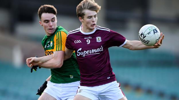 Cian Hernon of Galway in action against Luke Brosnan of Kerry during the EirGrid GAA Football All-Ireland U20 Championship Semi-Final match between Kerry and Galway at the LIT Gaelic Grounds in Limerick. 