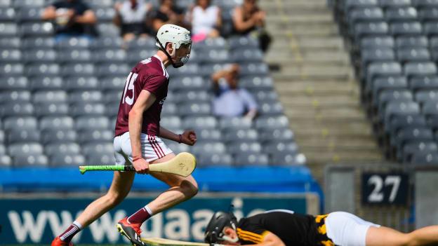 The impressive Greg Thomas celebrates after scoring a first half goal for Galway against Kilkenny at Croke Park.