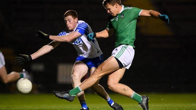Cillian Fahy of Limerick scores the first goal past Michael Curry of Waterford during the Munster GAA Football Senior Championship Quarter-Final match between Waterford and Limerick at Fraher Field in Dungarvan, Waterford. 