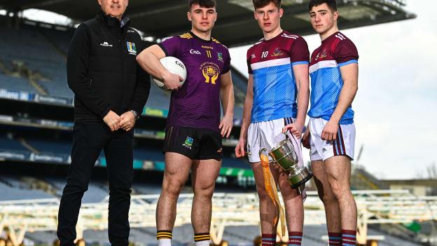 In attendance at the Masita All-Ireland Post Primary Schools Captains Call at Croke Park in Dublin were, from left, Chair of the GAA National Post Primary Schools Committee Liam O’Mahony, Marcus Dalton of Ard Scoil Chiarain Naofa, Sean Neylon and Josh Moloney of St Joseph's Spanish Point. 